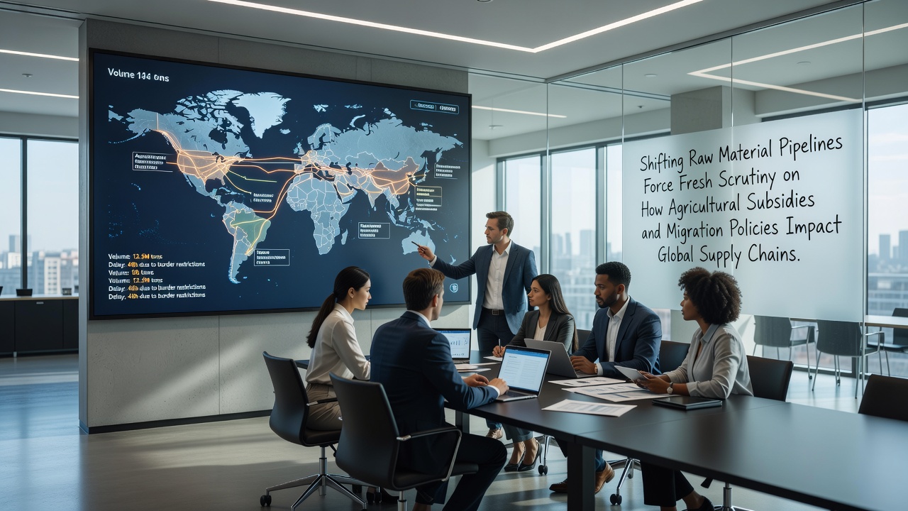 Regulatory analysts reviewing pipeline maps alongside subsidy ledgers and migration statistics on digital dashboards